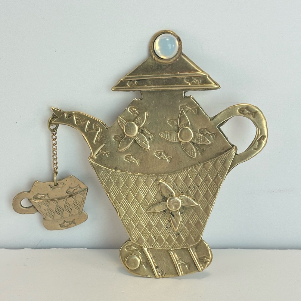 Vintage Large 3” Teapot With Cup Brass Pin Brooch by Deborah Roberts